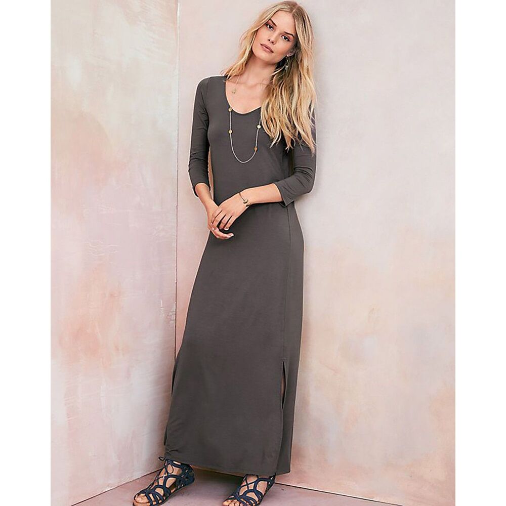 Garnet Hill Maxi Gray Essential Three-Quarter-Sleeve Maxi Dress 3/4 Sleeve XS